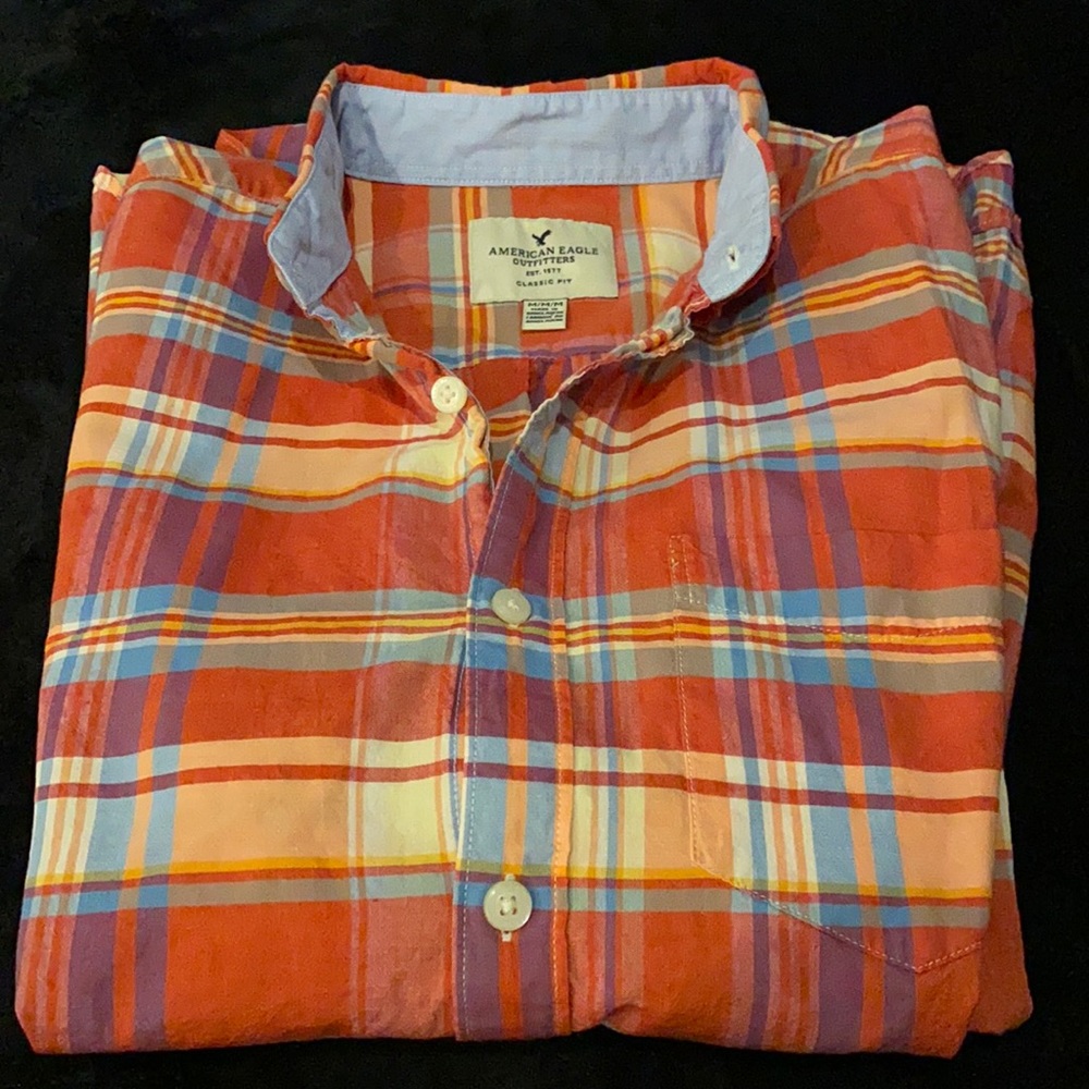 American eagle plaid orange and blue long sleeve dress shirt